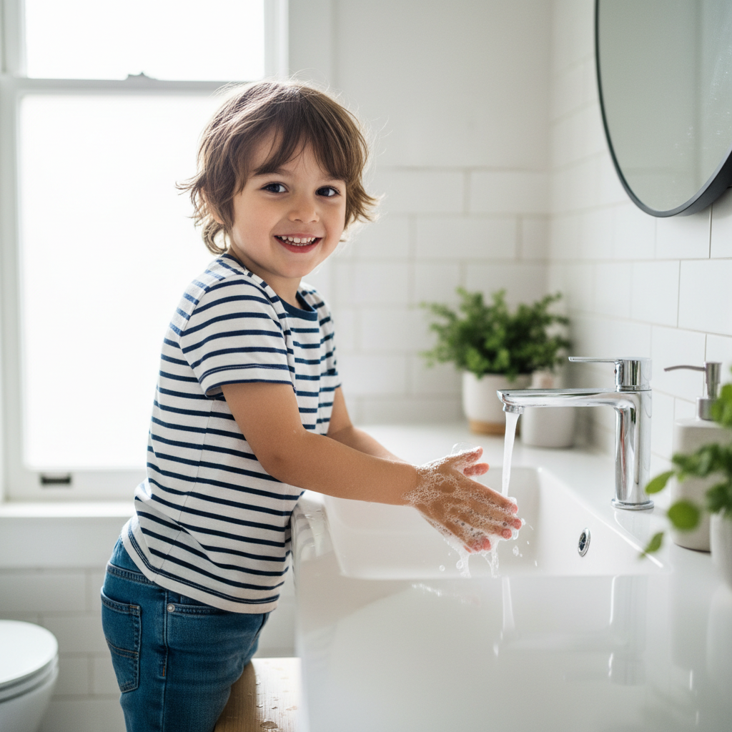 A child washing their hands with filtered water at the bathroom sink