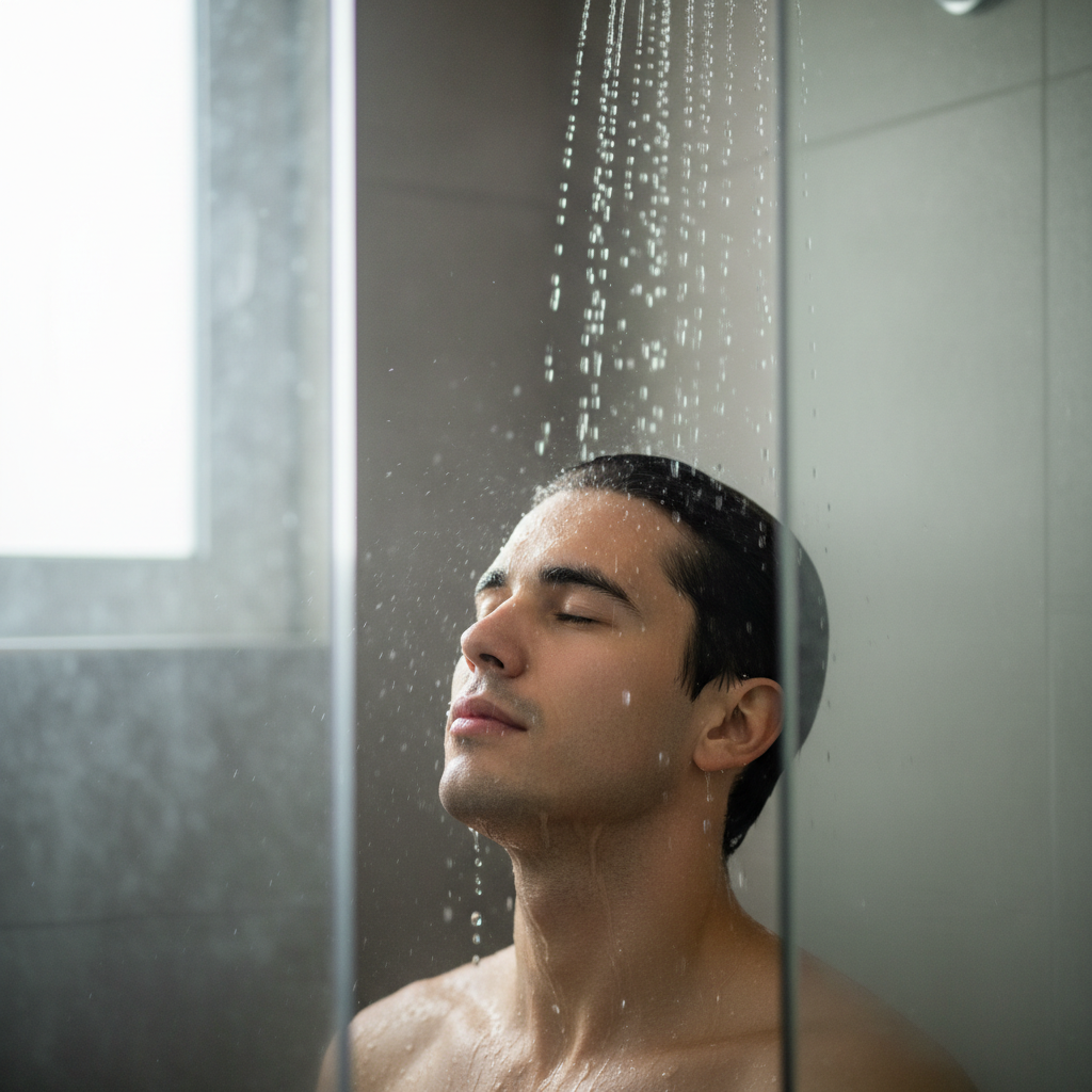 A young man rinsing off under a clean, filtered shower